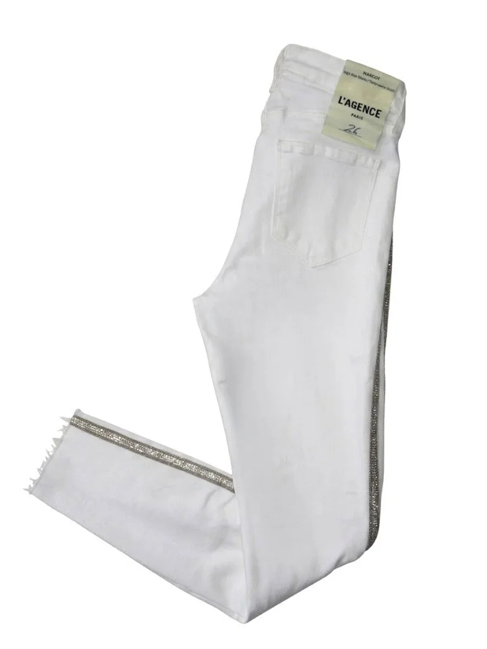 NWT L'Agence Margot in Blanc High-Rise Skinny Crystal Racing Stripe Jeans 26